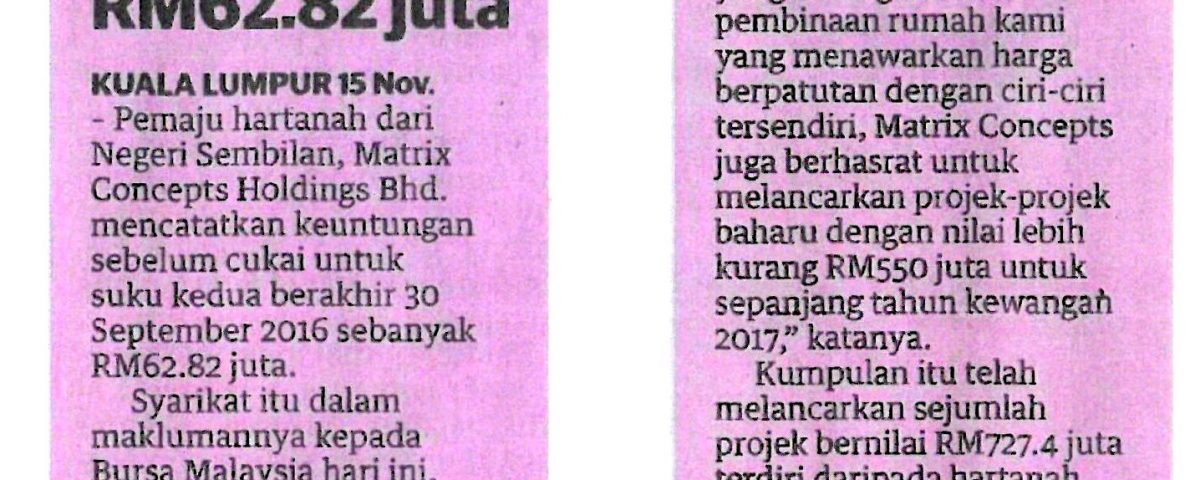 Untung Sebelum Cukai Matrix RM62.82 juta - Utusan Malaysia 