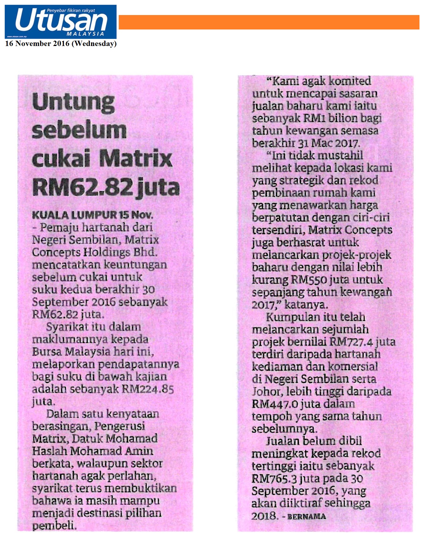 Untung Sebelum Cukai Matrix RM62.82 juta - Utusan Malaysia 